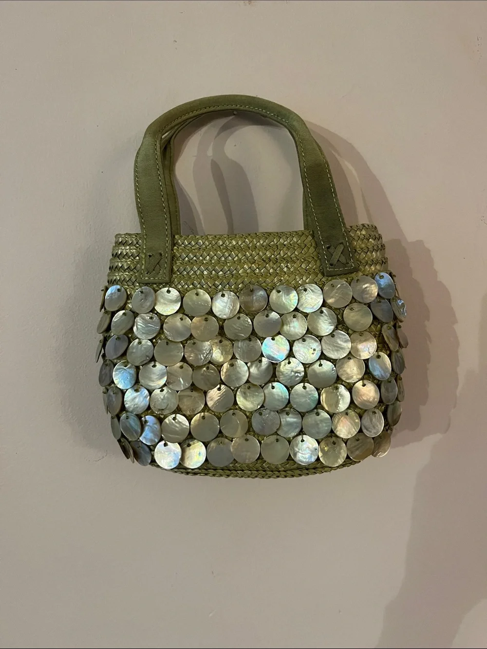 Capelli of New York Olive Green Mini Tote with Iridescent Shell Discs - Picture 1 of 4